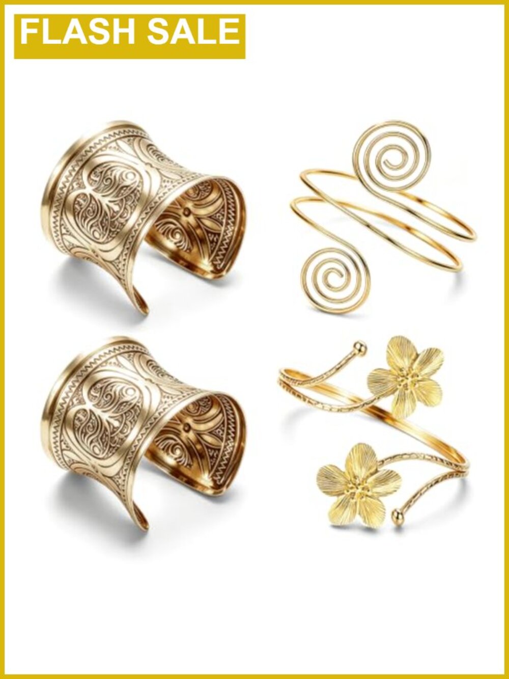 4PCs Open Cuff Bracelets for Women Retro Wide Arm Cuff Bangle Set Metal Alloy